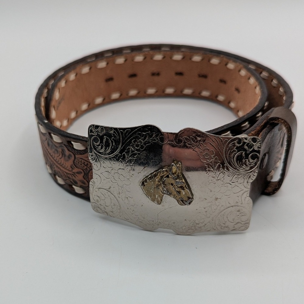 Justin Brown Tooled Leather Western Belt Horse Head Trophy Buckle 28 674D
